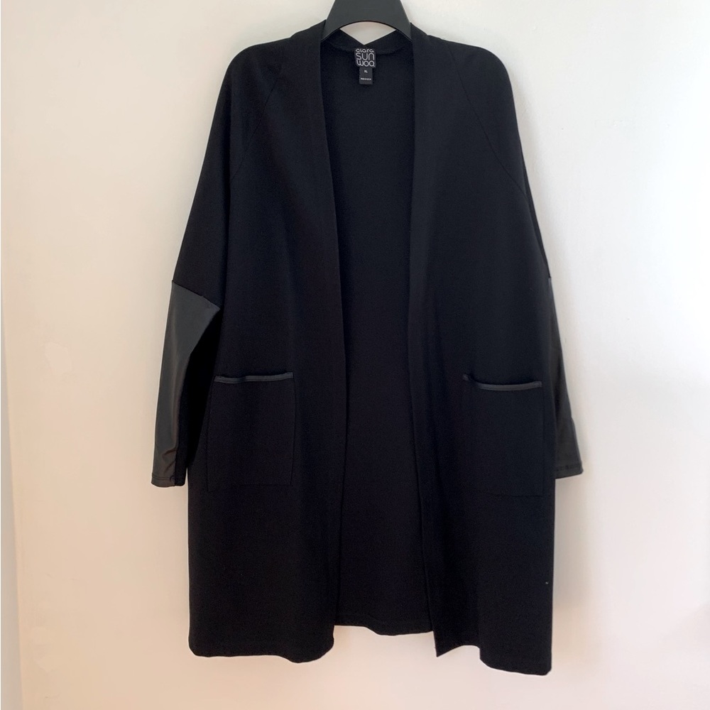 Clara Sun Woo Faux Leather Sleeves Long Cardigan Jacket